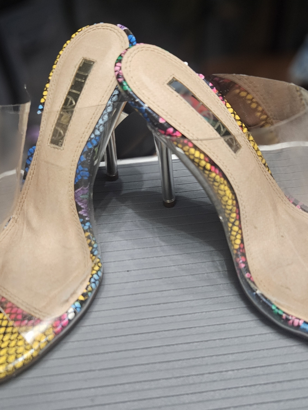 Clear Mule Heels with Multicolor Snake-Print Trim - Women
